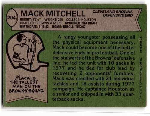 Mack Mitchell 1978 Topps #204 Cleveland Browns - Picture 2 of 2