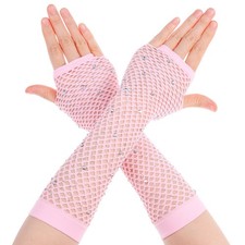 RANERVZ Rhinestone Fishnet Long Gloves for Women - One Size, Light Pink