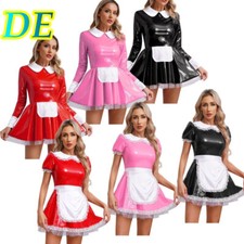 DE Damen Französisch Maid Cosplay Kostüm Outfits PVC Leder Spitze Fancy Kleid