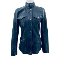 Gap Navy Blue Leather Button Front Buckle Mock Neck Ls Rib Trim Jacket Womens S