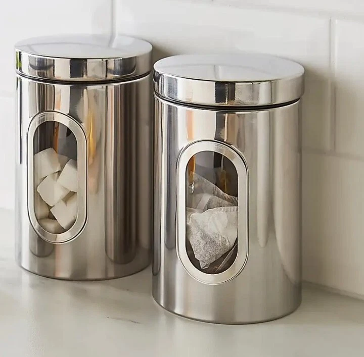 2 Set New Tea Coffee Stainless Steel Metal Canister Set Air Tight Lid Decor Gift
