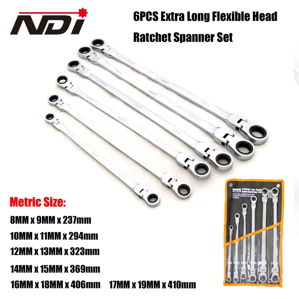 NDI 6PCS Flexible Double Ring Extra Long Ratchet Spanner Wrench Set+Pouch ND0334