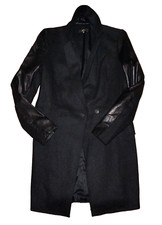 VERA WANG Deep Gray Wool & Black Leather Mid-Length Coat US 4 EUR 38