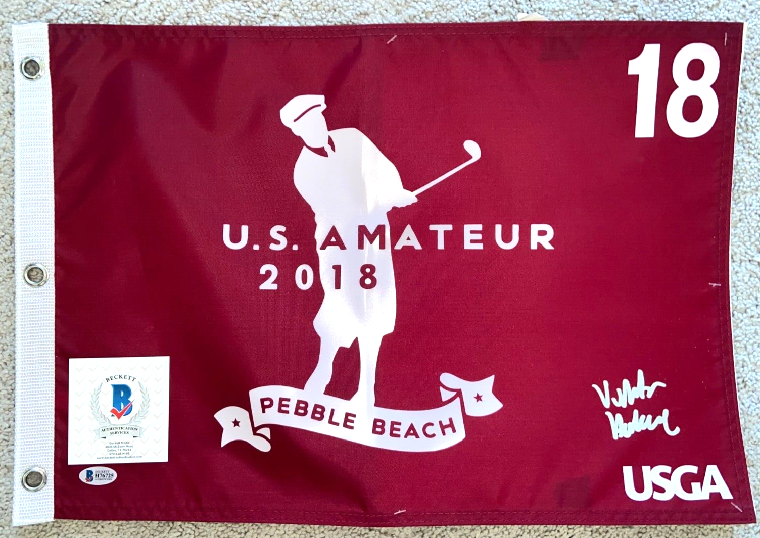 VIKTOR HOVLAND SIGNED 2018 US AMATEUR GOLF FLAG OPEN MASTERS 2025 BAS 