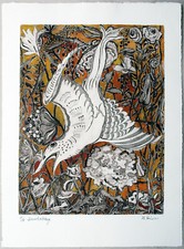 Vogel Beerenpflücker Michaela Krinner 1915-2006 Aquarell über Radierung Orange