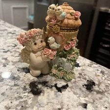 Dreamsicles Birdhouse Hinged Lid Trinket Box Pink Roses and Blue Birds 3 1/2”