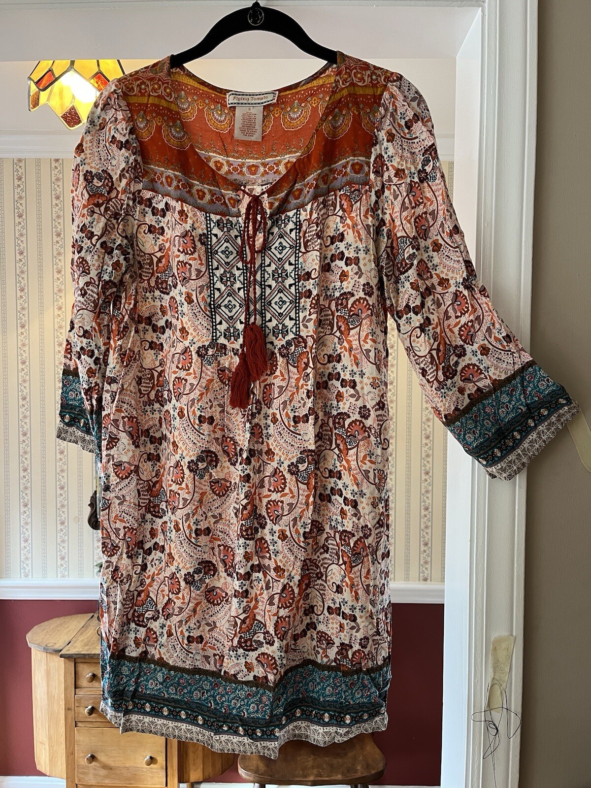 Flying Tomato Short Shift Dress Multicolor Boho Fringe Ties Size Small