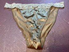Women Panties,bikinis ILUSION Size S. Beige Silky Satin Soft W/Fishnet Waistband