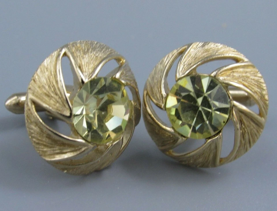 Gemelos de molinete de cristal amarillo facético vintage para hombre bisutería Q34 Foto 2 de 4