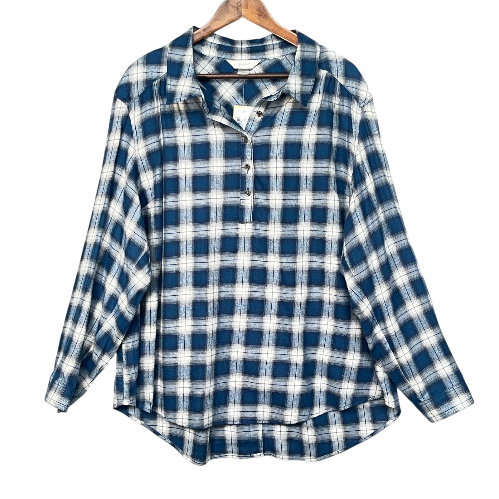 CJ Banks Shirt Womens 2X Blue White Plaid Button Up Long Sleeve Casual Top