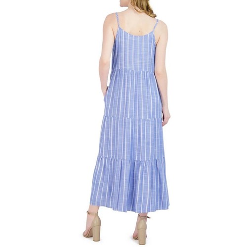 ROBBIE BEE Petite Tiered Boho Maxi Dress With Pockets Blue White PM - Picture 3 of 3