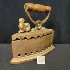 Antique Heavy Brass Coal Sad Iron with Chicken Latch and Wood Handle