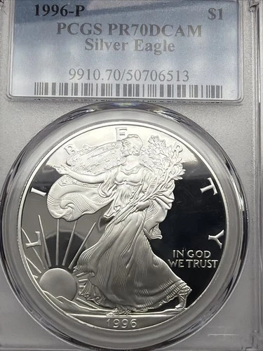 1996-P American Silver Eagle PR70 DCAM PCGS Blue Label .999 Fine Silver Key Date