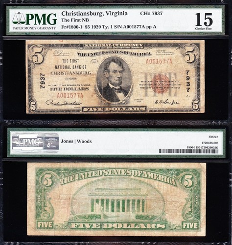 BONITO *RARO* Elección Fina+ 1929 $5 CHRISTIANSBURG, VA ¡Billete Nacional! PMG 15! 01577