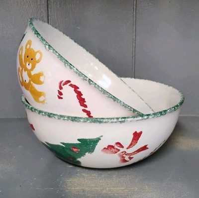 Pair Zrike Holiday Soup Bowls Stencil Like Christmas Tree Candy Cane Teddy Bear