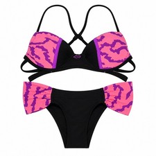 Conjunto de Bikini de Colección Fox Racing Y2K Negro Grueso Acolchado Push-up Entrecruzado Retro XS