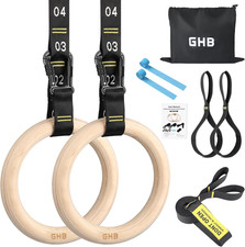 GHB Gymnastic Rings Wooden Gym Rings 1.25" Olympic Rings Adjustable Straps Pull