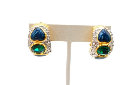 Vintage Bijoux Cascio Clip On Earrings Gold Tone Green Rhinestone