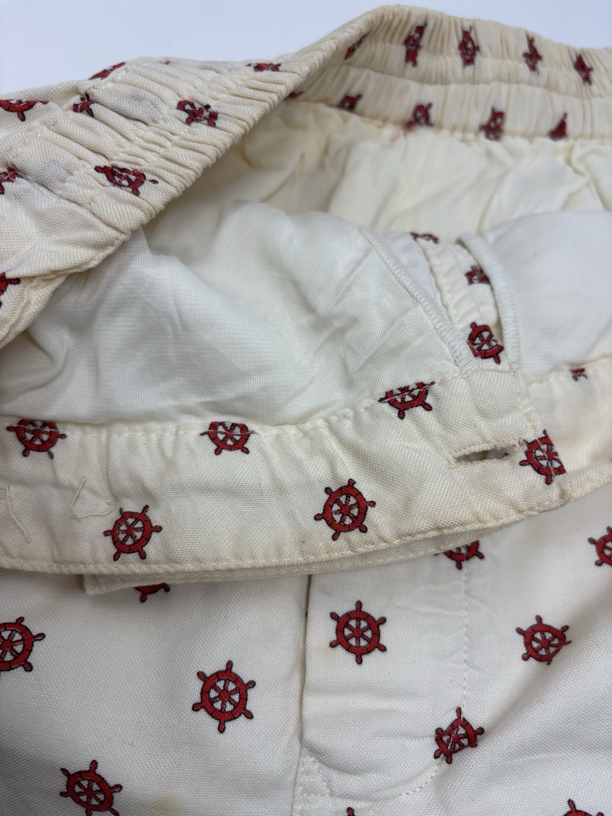 1950s Red Ivory Swim Trunks Bathing Suit Nautical Boat Wheel Cotton Shorts Med