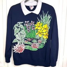 Jane Colby Long Sleeve Womens Medium Puff Paint Floral Garden Grandma USA VTG