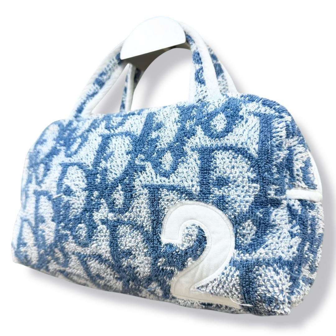 Christian Dior Mini Boston Bag Cotton White Blue Trotter Terry Women's Authentic thumbnail 21