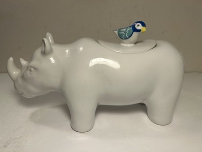 Opal House Stoneware White Rhino with Blue Bird Cookie Stash Jar Canister 12 