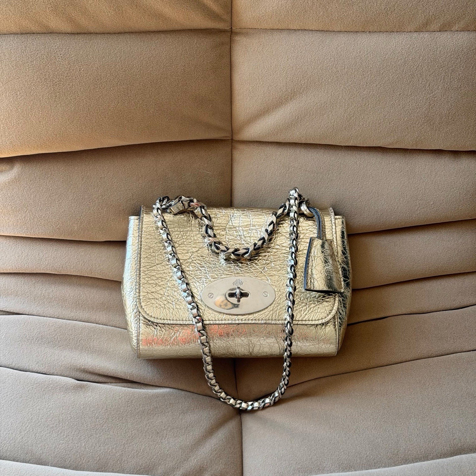Mulberry Lily Top Handle Bag in Metallic Crinkled Gold Leather