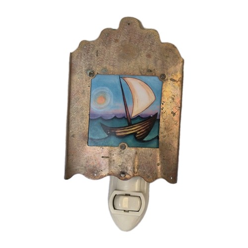 J El-Hai Copper Sailboat Night Light Nautical Panel USA Lamp Vintage Tested Work