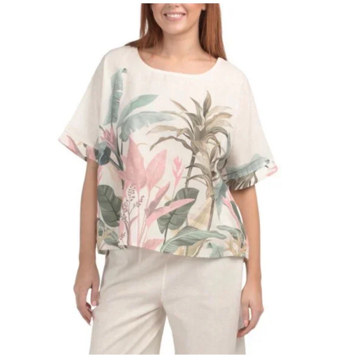 SPIGHE DI LINO Floral Made In Italy Linen Blend Printed Short Sleeve Top  Small
