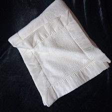 Vintage Ivory Satin Trim Baby Crib Blanket Throw Soft Acrylic 50" X 36" Cottage