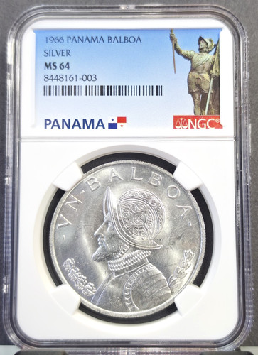 1966 PANAMA SILVER 1 BALBOA VASCO NUNEZ NGC MS 64 BEAUTIFUL BU COIN