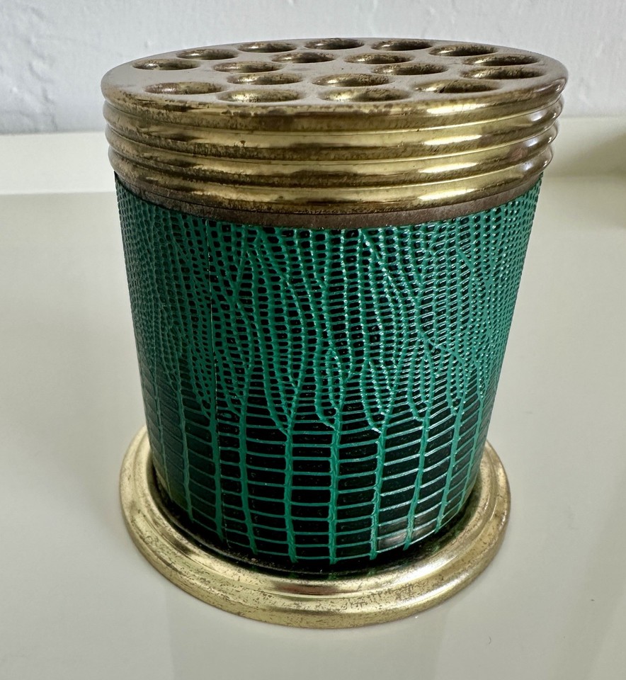 Brass and faux-alligator texture in classic MCM combo — a pen holder that looks like it belongs in a Mad Men set.