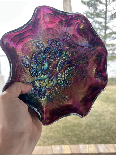 Carnival Glass Dish by Imperial Amethyst Purple PANSY Pattern Ruffled Cut Arcs - Picture 17 of 24