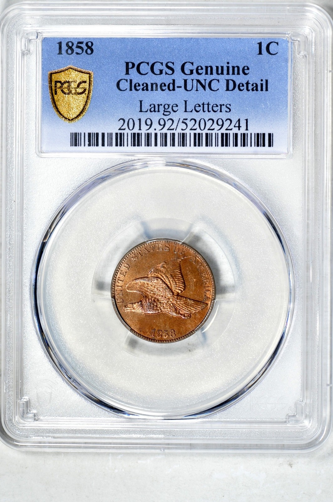 1858 1C Large Letters Flying Eagle Cent PCGS UNC Detail(Cleaned)