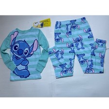 Disney Stitch Girls Blue 2-Piece Snug Fit Long Sleeve Striped Cotton PJs 8 NWT