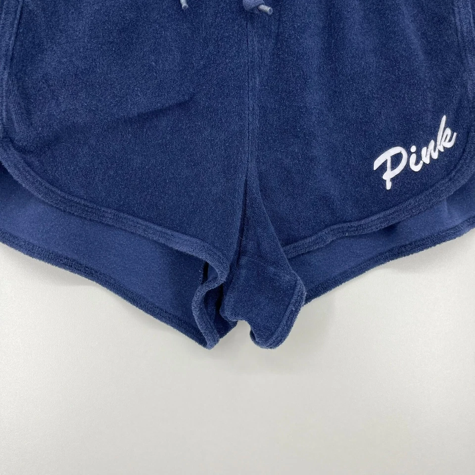 Shorts feminino rosa M azul roupa de dormir logotipo cordão mistura de algodão pano terry - Imagem 3 de 4