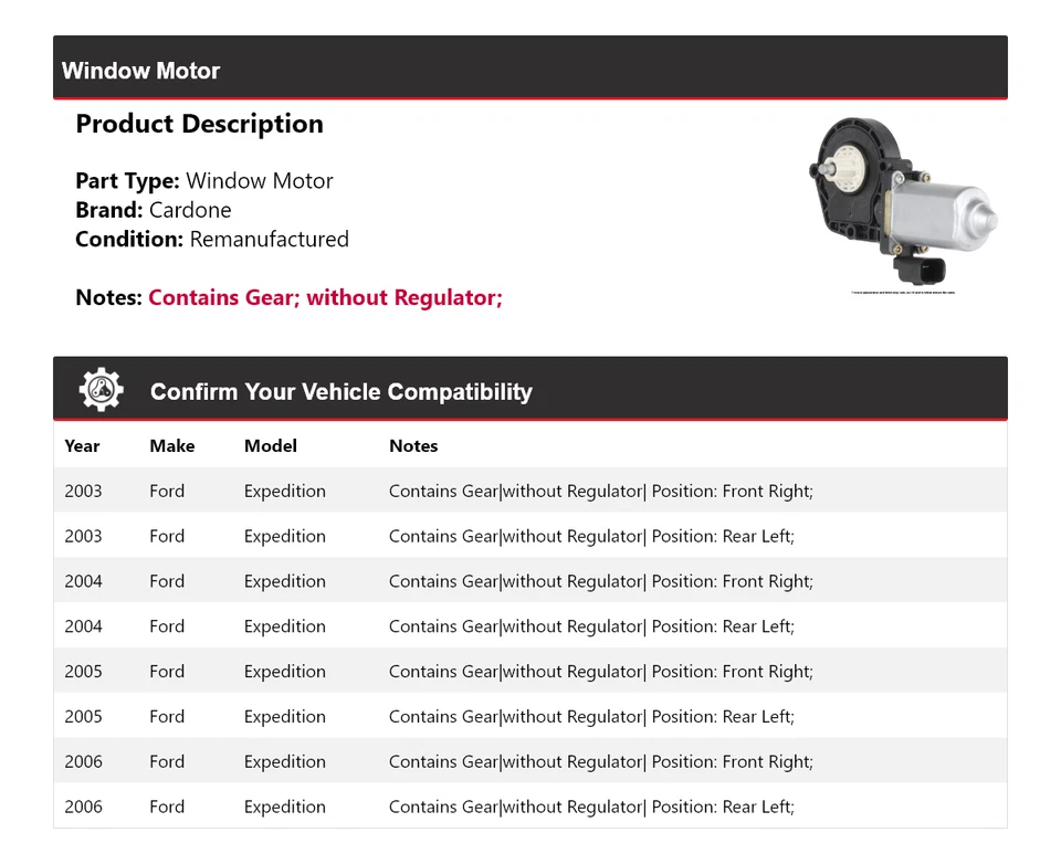 Motor de janela Cardone 2004 2005 Ford Expedition 2003-2006 - Imagem 2 de 4