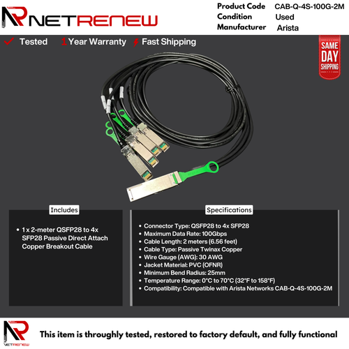 Arista Genuine CAB-Q-4S-100G-2M 100G QSFP28 Breakout Cable
