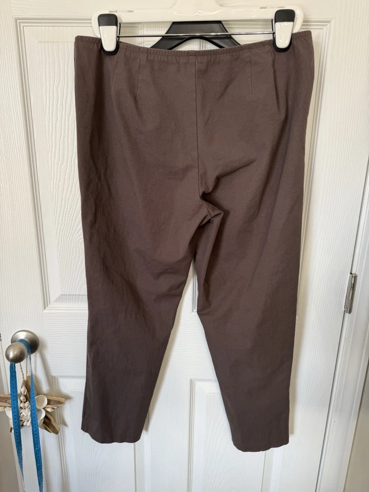 EILEEN FISHER Pants Large Stretch Cotton Twill Slim Taper Elastic Waist Brown - Image 2 of 4