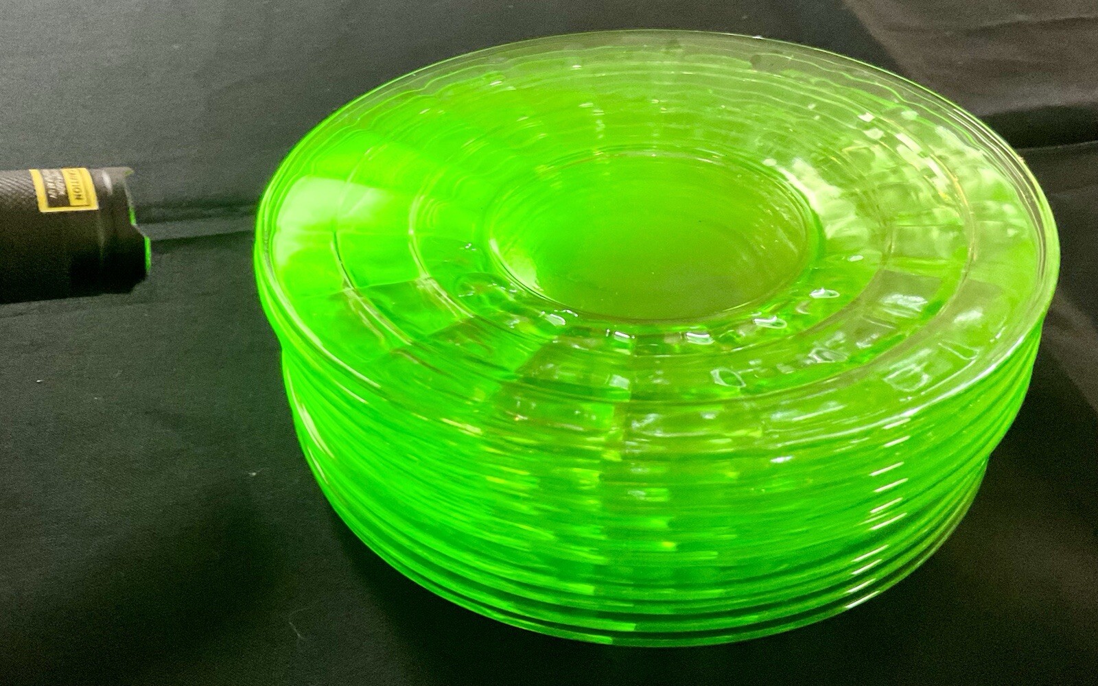 Vintage Anchor Hocking Uranium Glass Bread Plates Set of 11 Block Optic 6 1/8