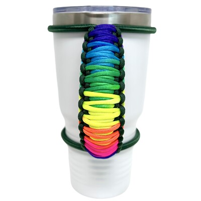 30oz Stretchable Paracord Tumbler Handle Dark Green Rainbow