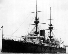 ROYAL NAVY BATTLESHIP HMS HANNIBAL PHOTOGRAPH WITH STATS & HISTORY SHEET