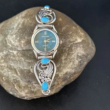 Womens Turquoise Feather Navajo Sterling Silver Wrist Watch Tips Band 14314