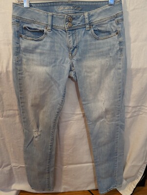 American Eagle Jeans Sz 8 Womens Skinny Stretch Mid Rise Light Wash Two Button