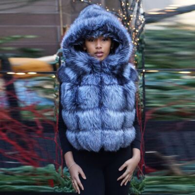 Hood Real Fox Vest Women Fashion Short Vest Real Silver Fox Fur