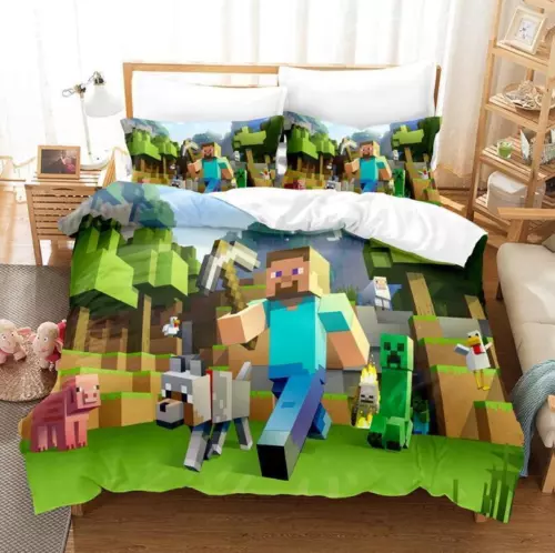 Set lenzuola Minecraft 3 pezzi trapunta copripiumino dormitorio singolo matrimoniale king size UK - Foto 18 di 25