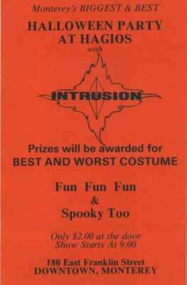 Intrusion vintage concert flyer Halloween Party Oct. 31 at Hagios in Monterey