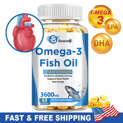 3x Strength EPA & DHA Omega 3 Fish Oil 3600mg, Highest Potency, 60 Softgels