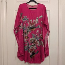 100% Mulberry Silk Fuchsia Pink Kaftan Tunic – Vibrant Floral Chinoiserie Print