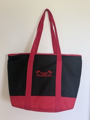 Trader Joe s Insulated Tote Bag Black Red Zip Top Reusable Cooler Bag